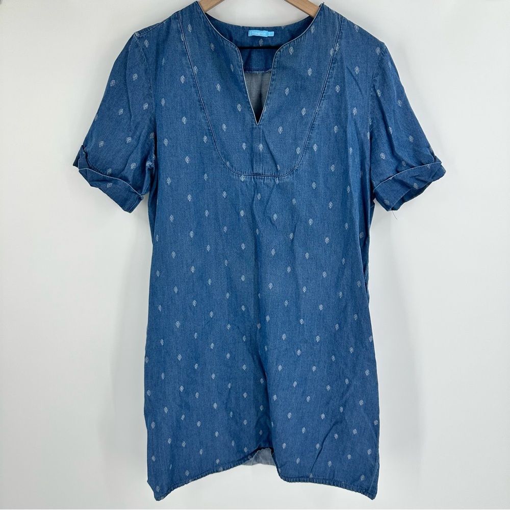 J‎ Mclaughlin Dress Large Blue Chambray Boho Western Denim Knee Short Sleeve